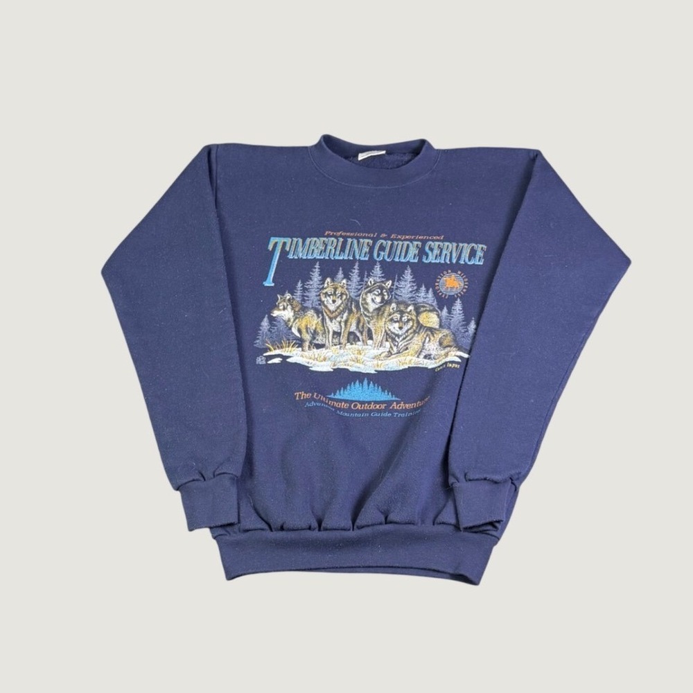 Vintage Tultex Timberline Guide Service Wolf Graphic Sweatshirt Navy Blue Med
